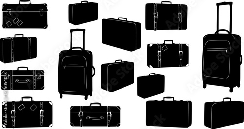Black and white silhouette illustration of a collection of assorted suitcases
