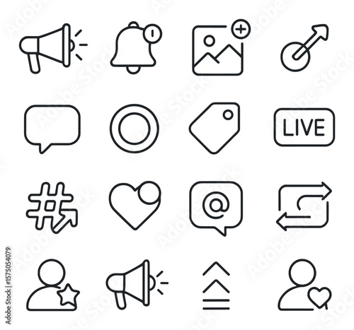 Social Media Alerts line art icons. Megaphone, notification bell, new post icon, share arrow, comment bubble, story highlight, tag alert, live icon, trending hashtag, reaction icon