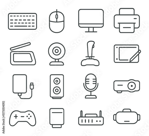 Computer Peripherals line art icons. Keyboard, mouse, monitor, printer, scanner, webcam, joystick, drawing tablet, external hard drive, speaker, microphone, projector, game
