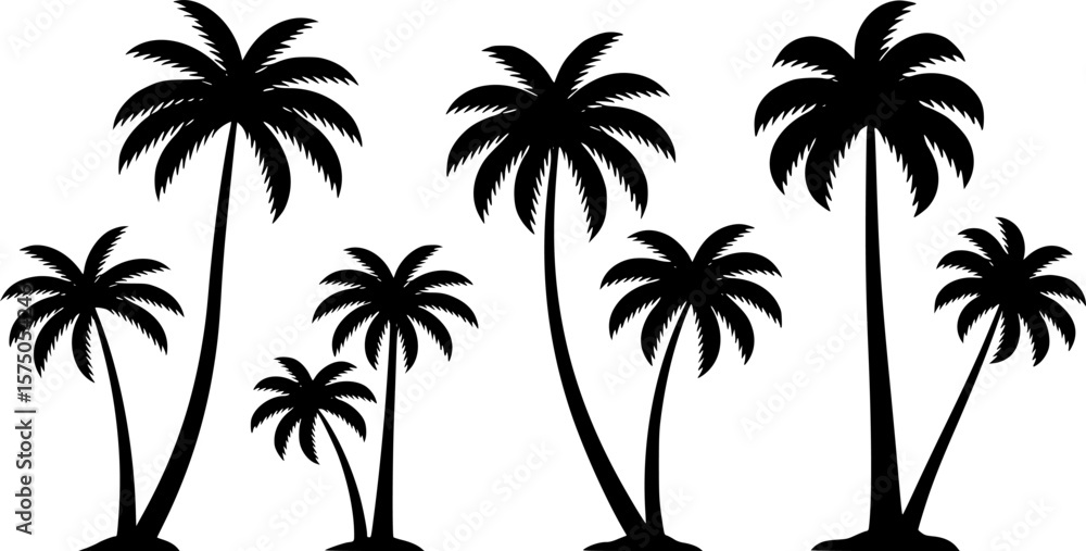 Fototapeta premium Vector illustration of a set of six black silhouette palm trees 