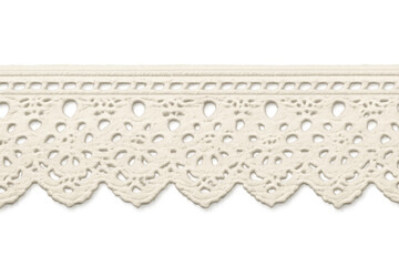 Delicate white lace ribbon displaying ornate floral motifs, featuring scalloped edges and transparent background for versatile design integration