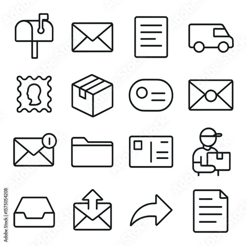 Mail & Delivery line art icons. Mailbox icon, mail envelope, paper letter, delivery van, post stamp, parcel box, return address, sealed envelope, mail notification, mail folder,