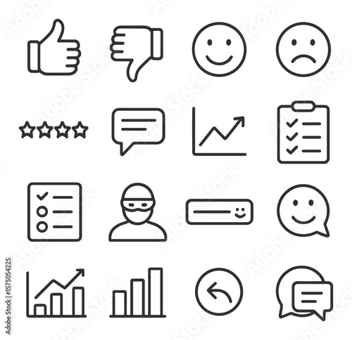Survey Feedback and Responses line art icons. Thumbs up, thumbs down, smiley face, neutral face, sad face, star rating, text comment, response graph, completed survey icon, answer