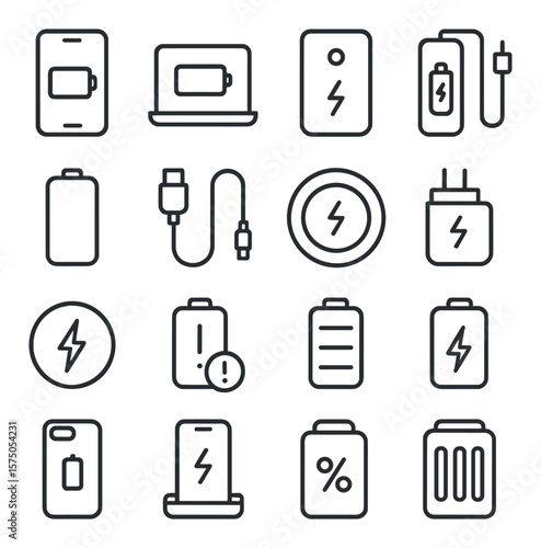 Battery & Charging Devices line art icons. Phone battery, laptop battery, portable charger, power bank, battery icon, charging cable, wireless charger, wall adapter, fast charge