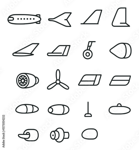 Aircraft parts line art icons. fuselage, wing, tail fin, rudder, elevator, aileron, landing gear, nose cone, jet engine, propeller, flaps, slats, canopy, exhaust, antenna, fuel