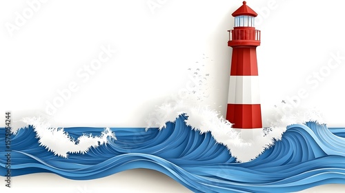 Stunning Red and White Lighthouse Amidst Ocean Waves Paper Art Illustration