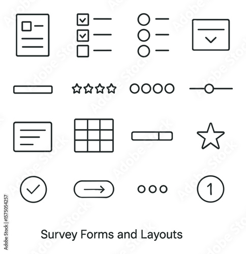 Survey Forms and Layouts line art icons. Multiple choice form, checkbox list, radio buttons, dropdown field, text input, rating scale, Likert scale, slider input, open-ended