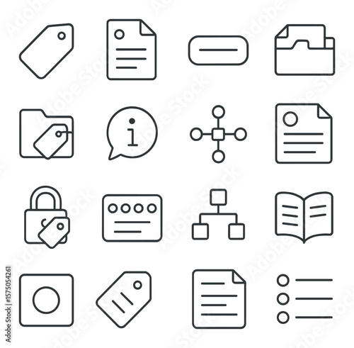 Metadata and Classification line art icons. Tag icon, metadata file, label icon, category box, folder tag, info bubble, structured data, document properties, classification lock,