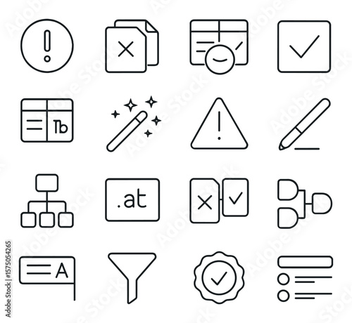 Data Cleaning and Validation line art icons. Error icon, duplicate remover, null check, validation rules, data type icon, cleanup wand, missing value alert, correction tool, schema