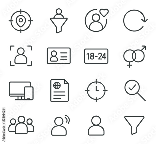 Targeting and Personalization line art icons. Geo targeting, demographic filter, interest segment, retargeting arrow, behavior tracker, user ID, age range, gender icon, device type