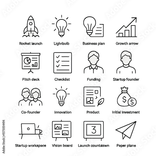 Startup Essentials line art icons. Rocket launch, lightbulb idea, business plan, growth arrow, pitch deck, checklist, funding icon, startup founder, co-founder icon, innovation