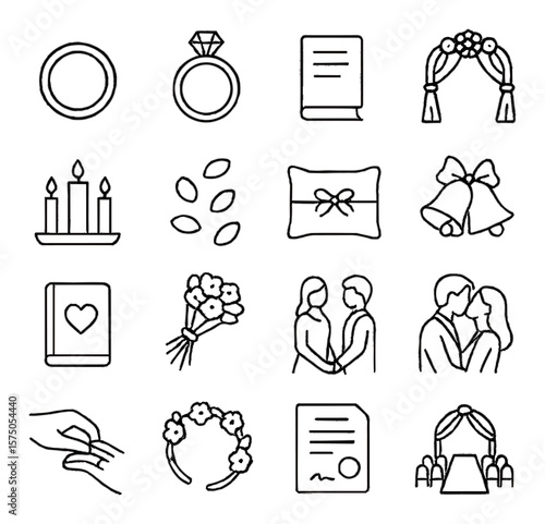 Wedding Ceremony Symbols line art icons. Wedding ring, engagement ring, wedding vows, altar arch, unity candle, flower petals, ring pillow, wedding bells, vow book, bouquet toss,