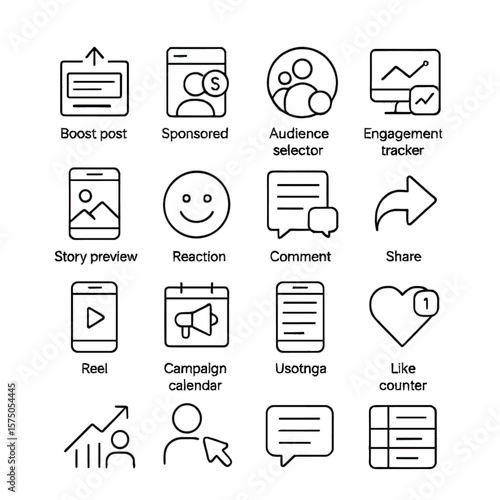 Social Media Ad Tools line art icons. Boost post icon, sponsored story, audience selector, engagement tracker, story preview, reaction emoji, comment tracker, share icon, sponsored