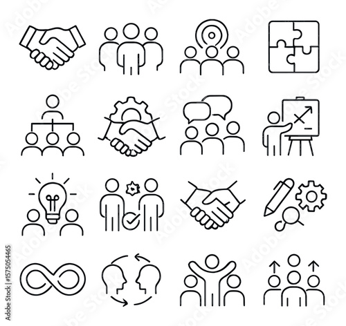 Teamwork and Synergy line art icons. Handshake, group discussion, shared goal, connected puzzle pieces, team chart, collaboration icon, group chat, joint strategy, brainstorming