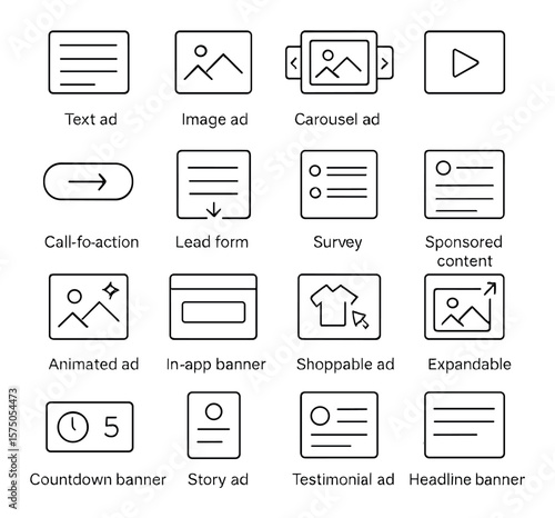 Ad Format Variations line art icons. Text ad, image ad, carousel ad, video snippet, call-to-action button, lead form ad, survey ad, sponsored content, animated ad, in-app banner,
