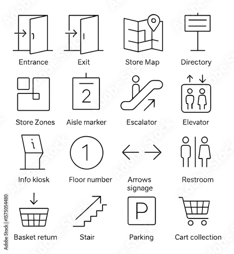 Store navigation line art icons. entrance door, exit door, store map, directory board, store zones, aisle marker, escalator icon, elevator icon, info kiosk, floor number, arrows