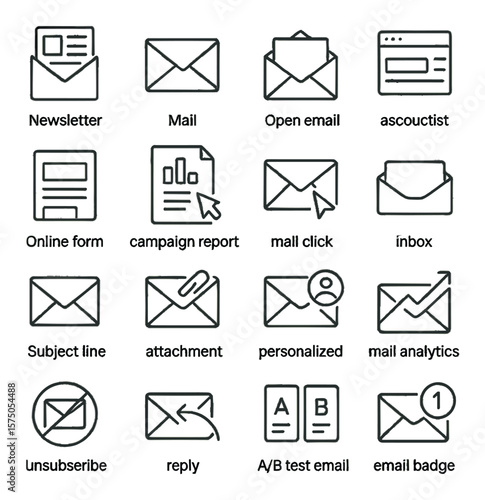 Email Marketing line art icons. Newsletter, mail envelope, open email, email list, subscribe form, campaign report, mail click icon, inbox icon, subject line, attachment icon,