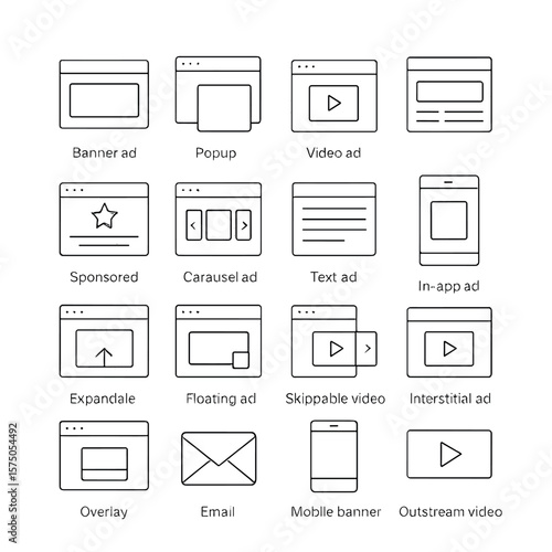 Online Ad Formats line art icons. Banner ad, popup window, video ad, native ad, sponsored content, carousel ad, text ad, in-app ad, expandable ad, floating ad, skippable video,