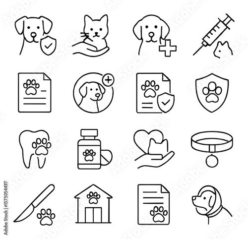 Pet Insurance line art icons. Dog with shield, cat care, vet visit, vaccination icon, pet health record, emergency pet care, pet policy document, injury protection, dental for pets