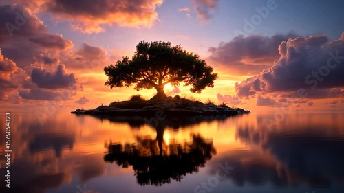 A solitary tree silhouetted against a vibrant sunset sky reflected in calm water creating a serene and peaceful atmosphere with warm colors reflecting on the water