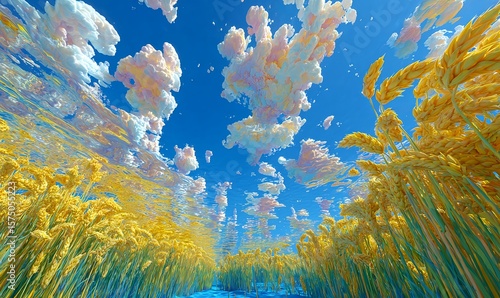 Crystal water reflecting the sky while winding through a large golden wheat field filled with flowers and glowing dreamlike tones