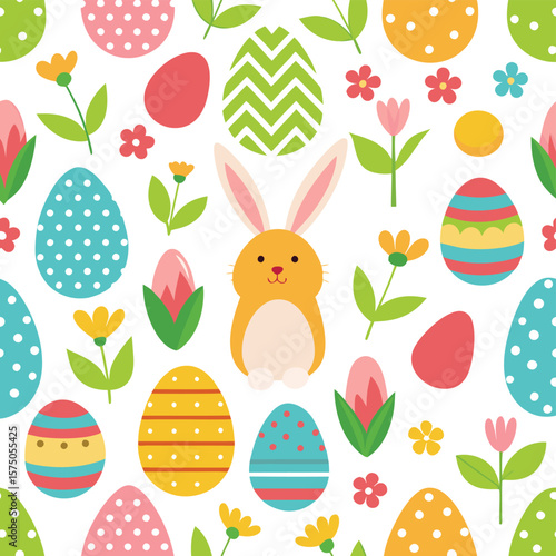 Easter pattern with eggs, bunny, and flowers