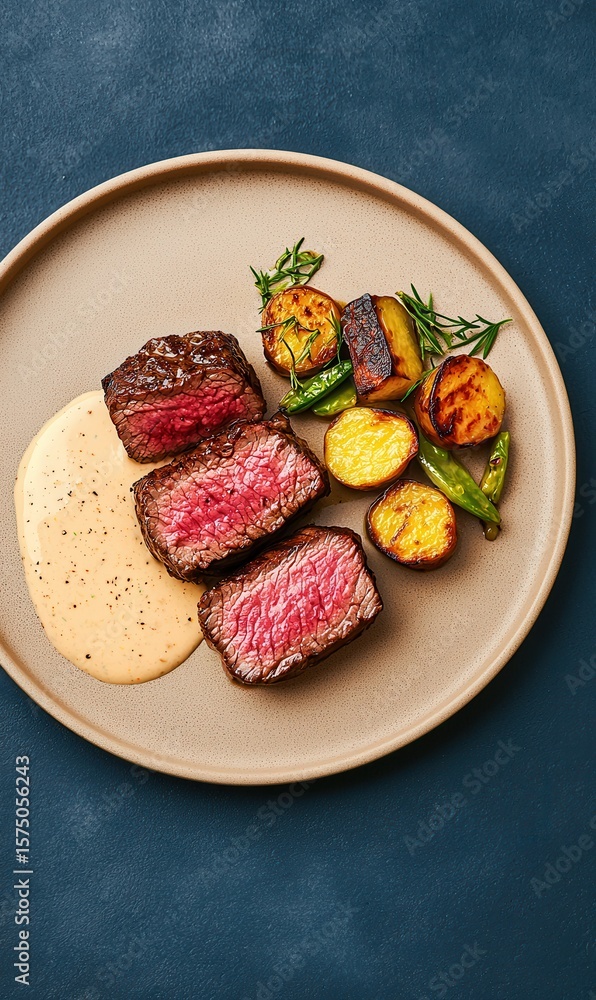 Perfectly seared wagyu beef steak with velvety bernaise sauce and roasted vegetables on a beige plate Perfectly seared wagyu beef steak with velvety bernaise sauce and roasted vegetables on a beige plate