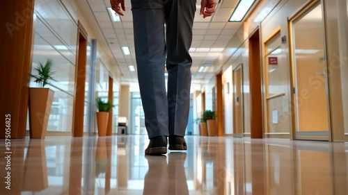 A man in formal attire walks down a polished hallway with closed office doors under bright lighting. Low angle view focuses on the feet and legs creating a sense of motion and business