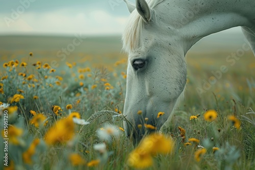 A wild white horse feeds in a grassy field under bright sunshine
