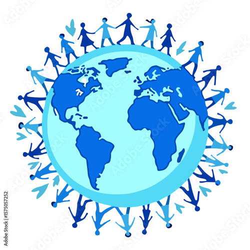Flat illustration of people holding hands around the Earth, vector style, in blue tones, symbol of global unity, peace and International Migrants Day