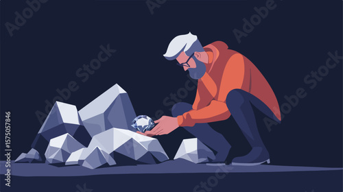Professional Man Analyzing Diamond Stone Vector Illustration