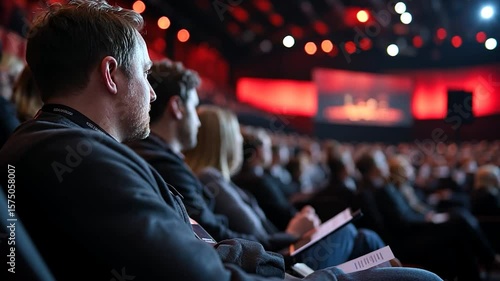 Audience members seated in a large conference hall watching a presentation illuminated by red stage lighting many attendees with notebooks