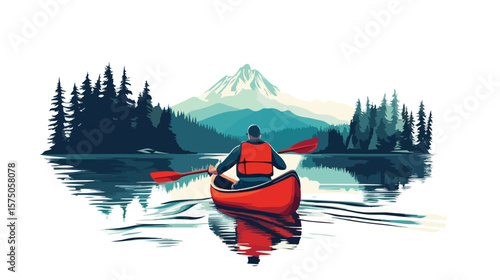 Adventure Water Sports: Man Canoe Rafting on Lake Vector Illustration