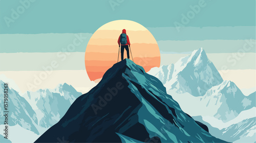 Adventure Seeker Hiking to Majestic Mountain Peak Illustration