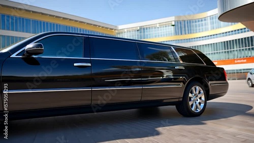 Black limousine parked outside a modern building with glass facade reflecting sunlight. Other vehicles and people in the background, creating a scene of luxury and transport