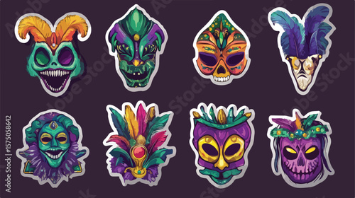 Colorful Mardi Gras Stickers Flat Vector Illustration