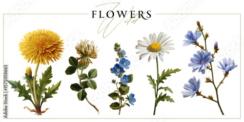 Wild field flowers isolated on a white background. Vintage painting style illustration.
