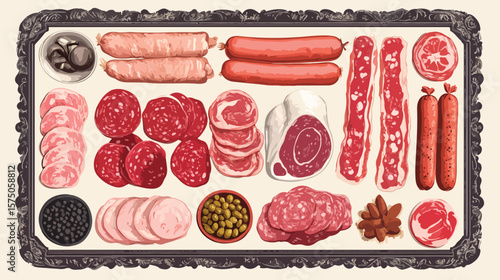 Delicious Meat Products: Sausages, Salami, Bacon on Display