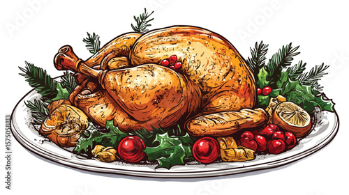 Delicious Meat Dishes with Roasted Chicken Isolated Vector