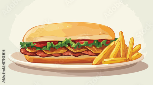 Delicious Meat Sandwich served with Crispy French Fries Vector