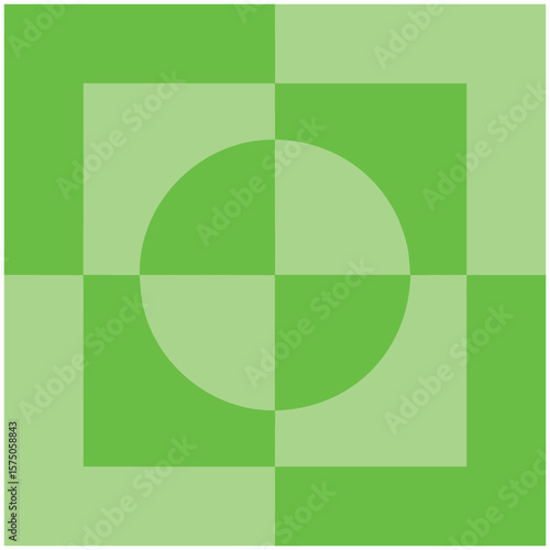 A simple abstract design featuring green squares and a central circle in varying shades, creating a geometric pattern