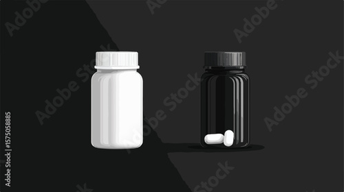 Professional Medical Pill and Bottle Black and White Flat Image