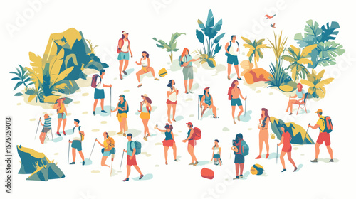 Happy Men and Women Hiking Together in Summer Nature