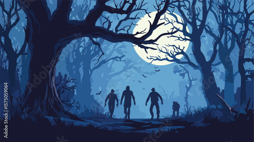 Men Walking in Spooky Forest on Halloween Night