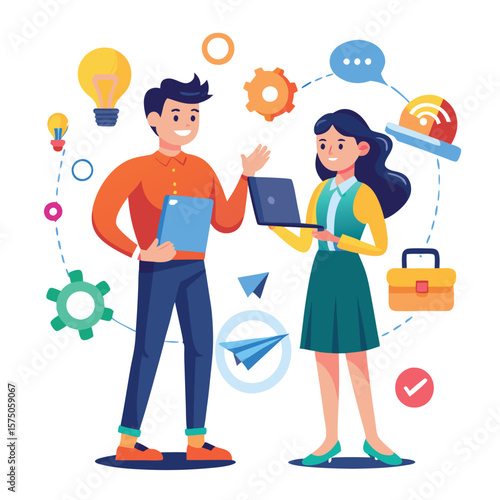 Two colleagues collaborating, exchanging ideas and information, using technology and teamwork