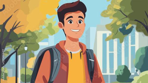 Happy Millennial Student Smiling Outdoors Vector Illustration