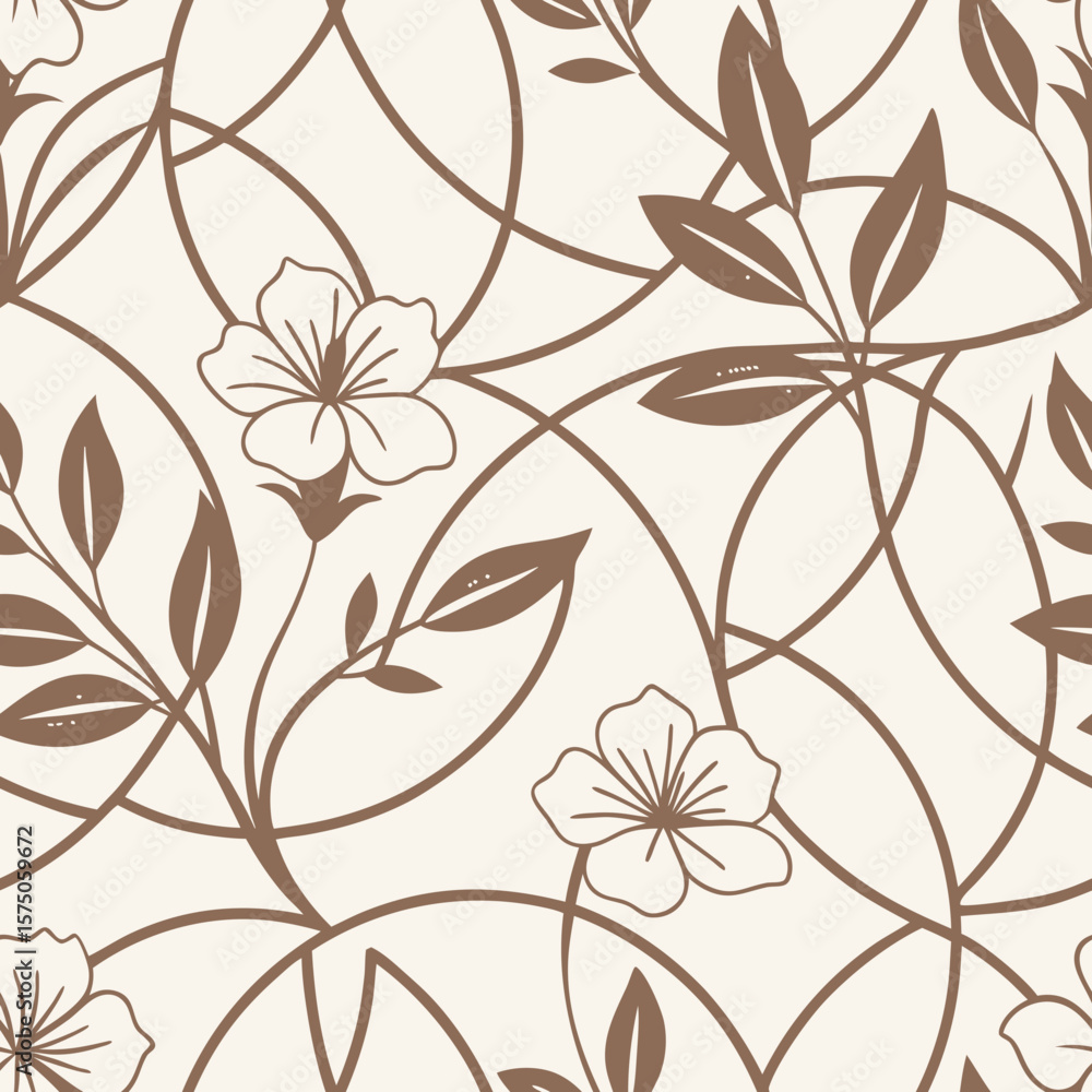 Fototapeta premium Elegant seamless pattern featuring hand-drawn flowers and leaves in delicate line art, perfect for wallpaper, fabric, or surface design.