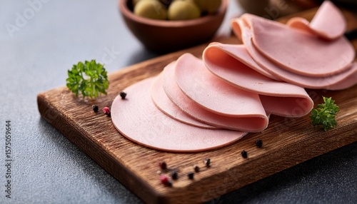 Wallpaper Mural closeup of thin slices of italian mortadella called also bologna on wooden board served as appetizer Torontodigital.ca