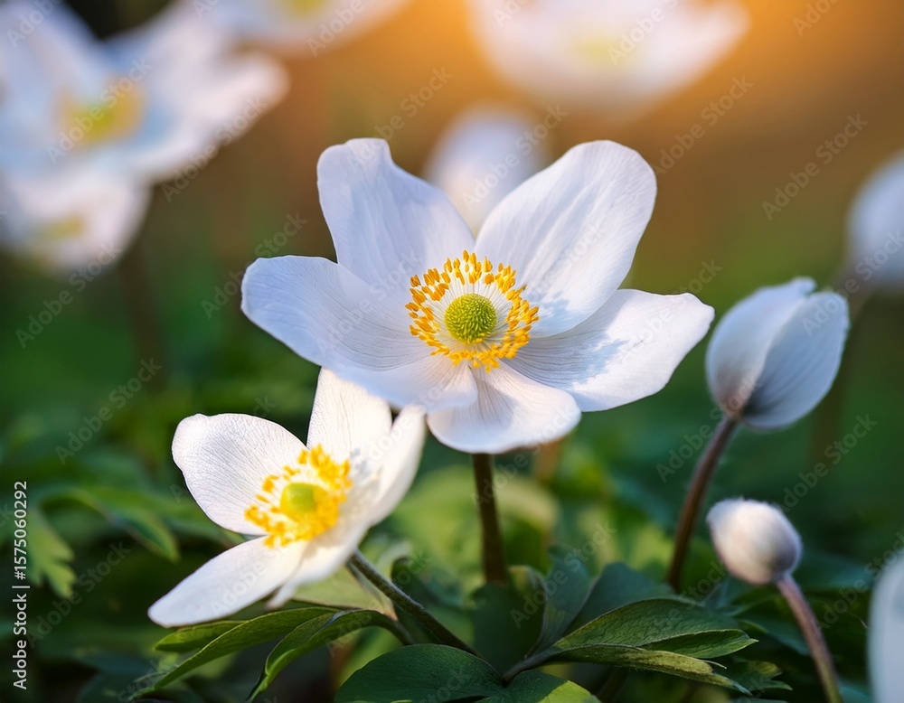 Obraz premium anemone sylvestris delicate flowers in the garden in the flowerbed floral background beautiful delicate anemone sylvestris white flowers on a natural background spring season close up