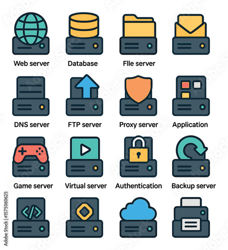 Server Types modern flat .Web server, database server, file server, mail server, DNS server, FTP server, proxy server, application server, game server, media server, authentication